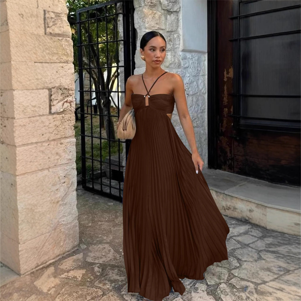 Pleated Sleeveless Sling Dress