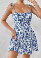 Floral Print Dress Summer Sweet A- Line Waist Trimming Dresses