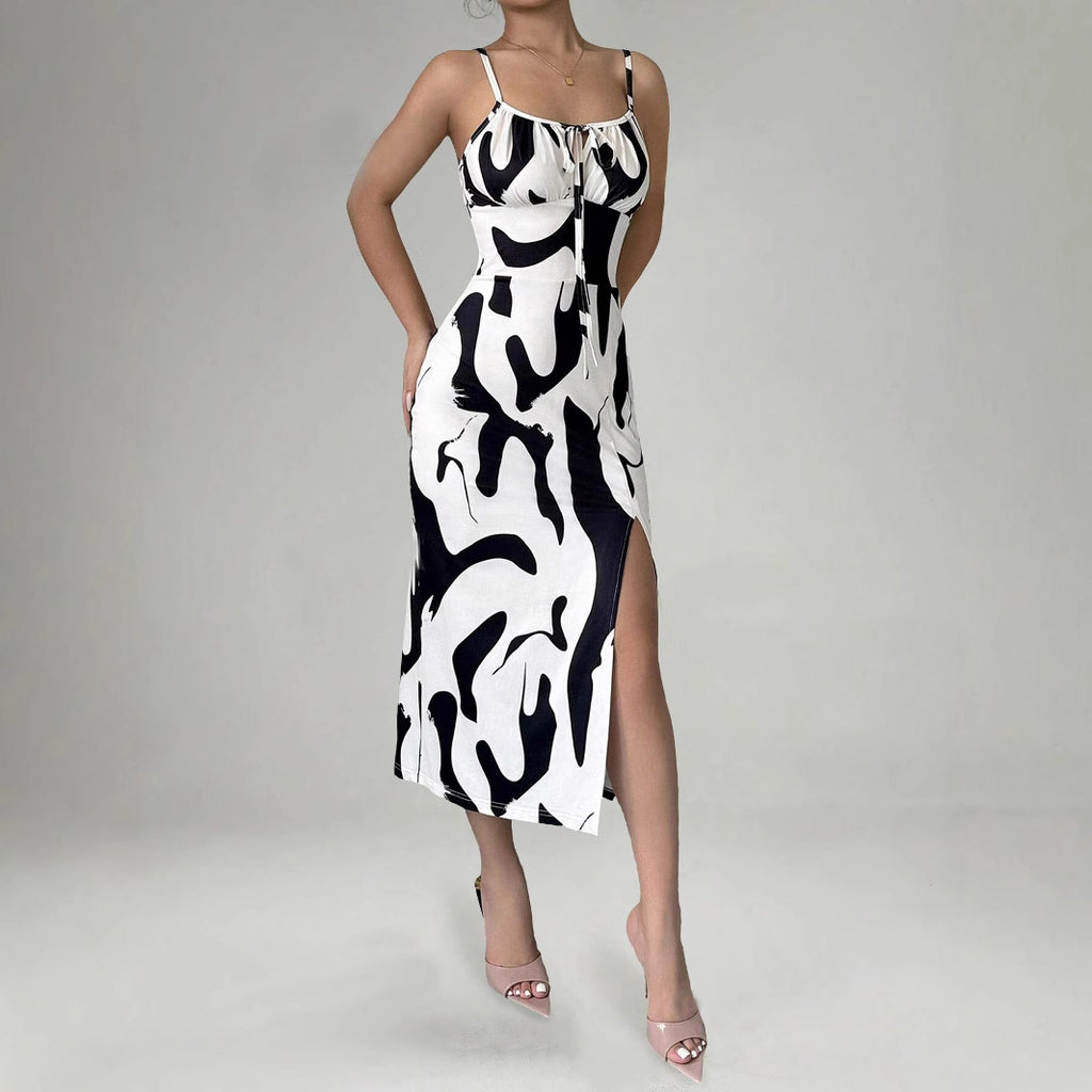 Summer Printed Mid-Length Split Dress High Waist Slim Fit