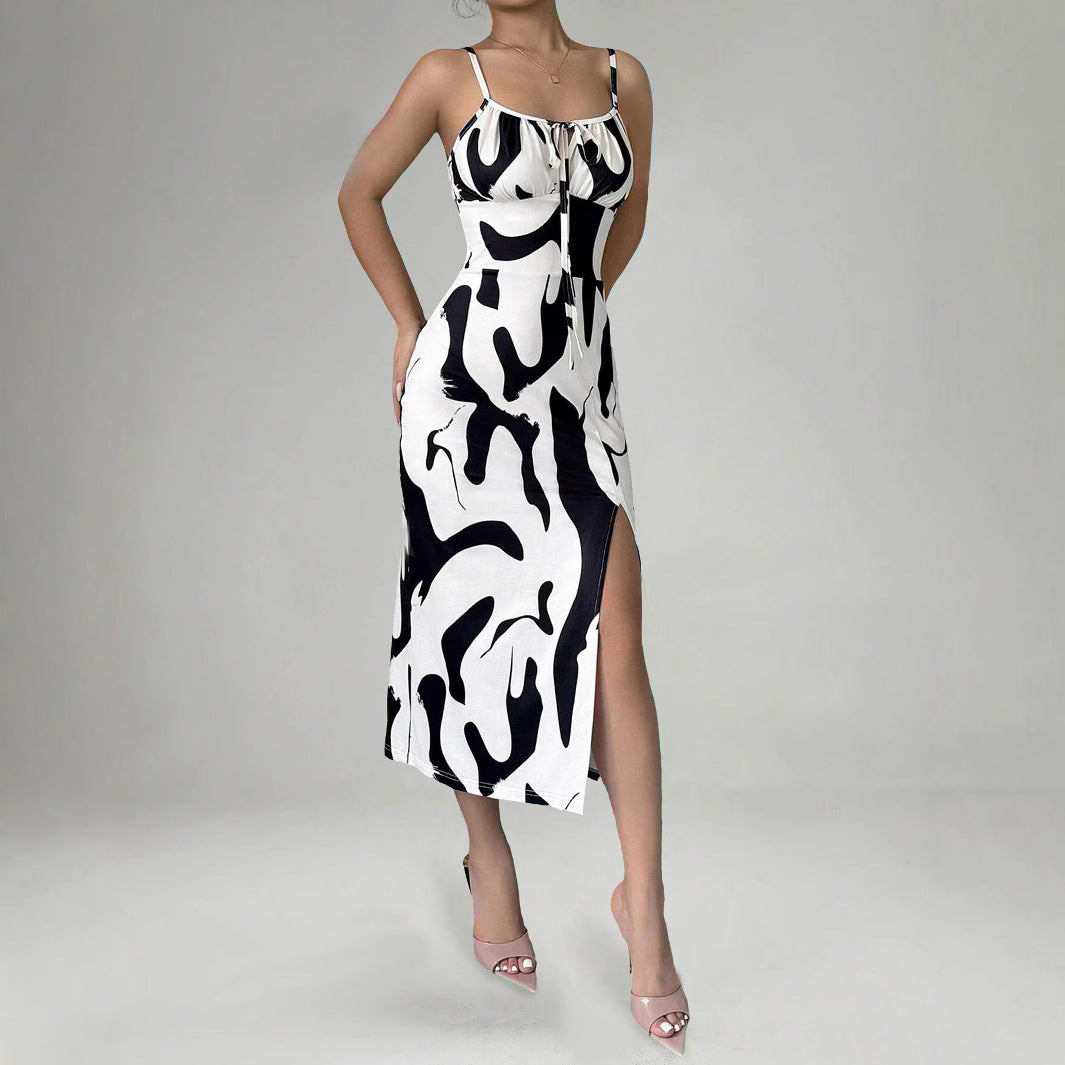 Summer Printed Mid-Length Split Dress High Waist Slim Fit