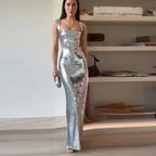 Women's Silver Sequin Halter Sheath Dress - Mid-Length Dinner Dress