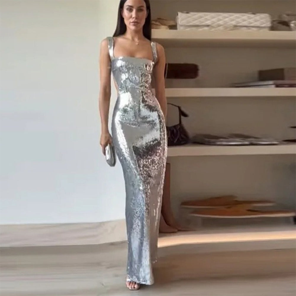 Women's Silver Sequin Halter Sheath Dress - Mid-Length Dinner Dress