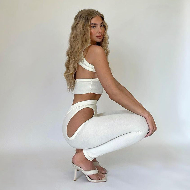 Sporty Two Piece Cutout Tank Top and Trousers Tracksuit in Milk Silk White Edition