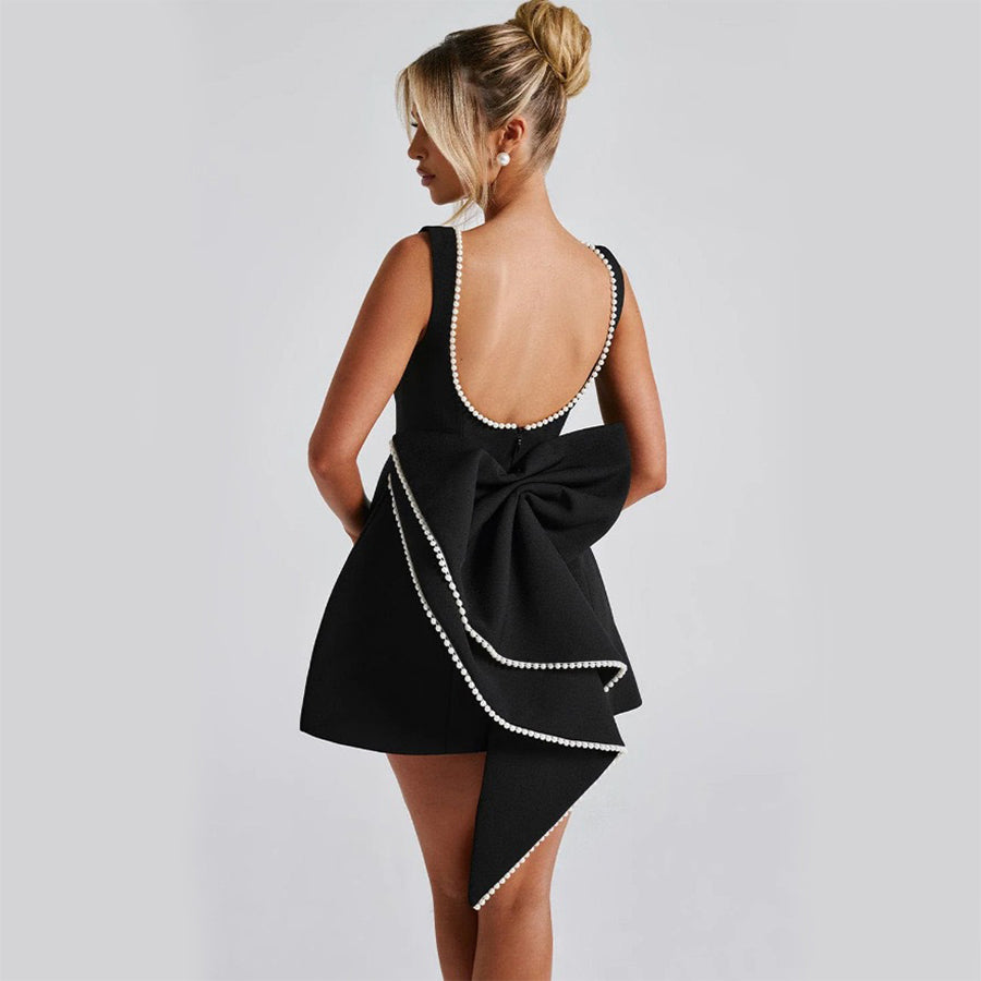 Women's Pearl Bow Backless A-Line Dress