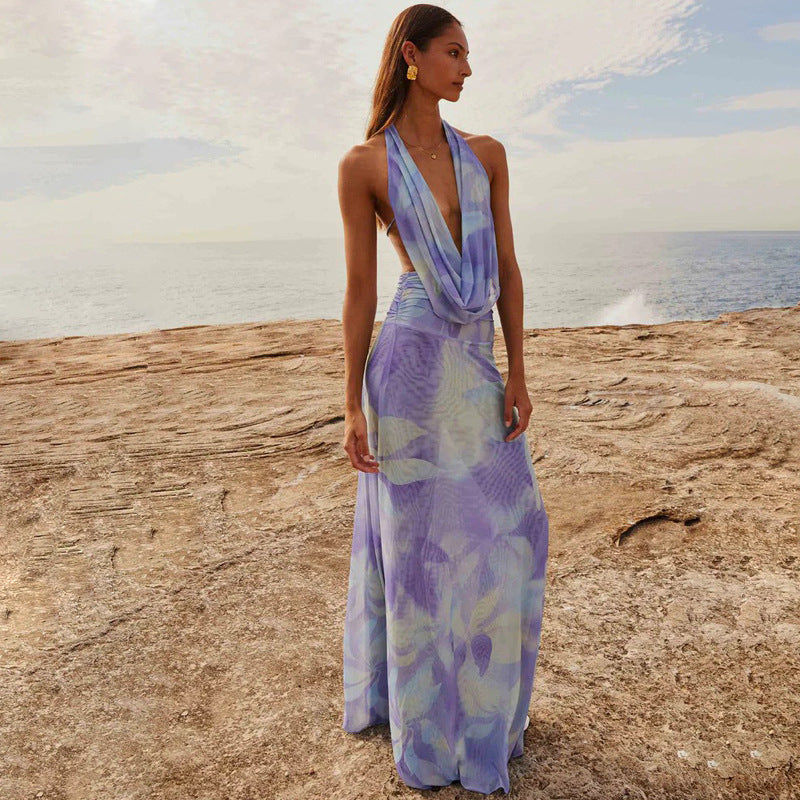 Women's 2-Piece Tie-Dye Halter V-Neck Backless Dress