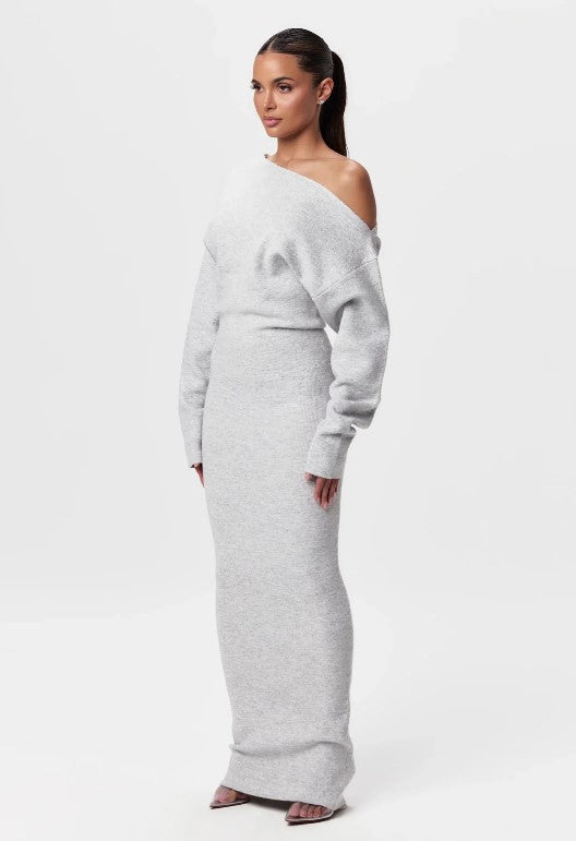 Slim Off-Shoulder Knitted Bodycon Long Sleeve Maxi Dress