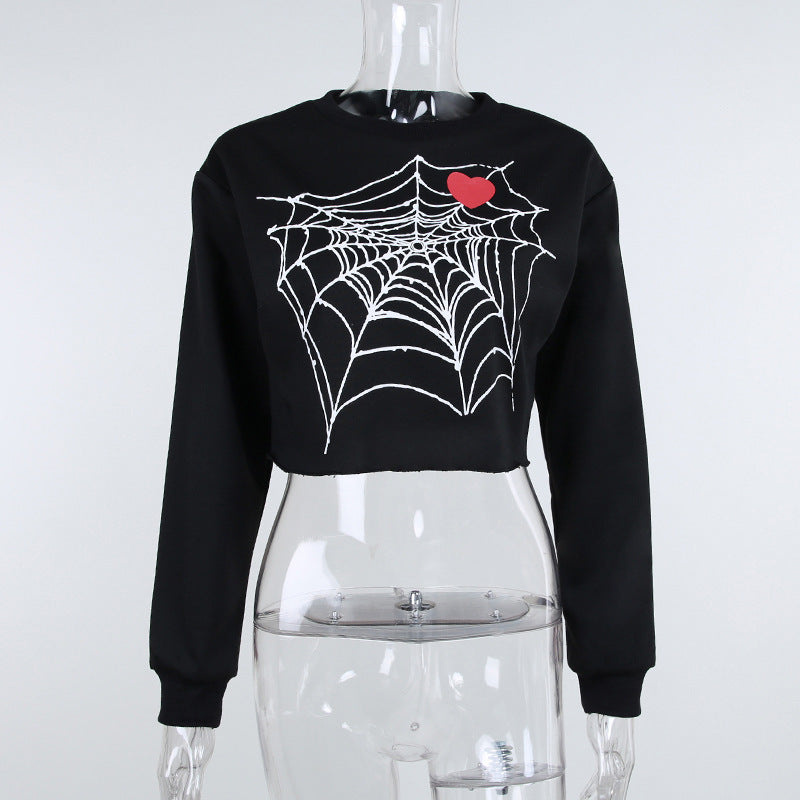 Black Cotton Top With Spider Web Heart Print For Edgy Streetwear Lovers