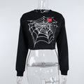 Black Cotton Top With Spider Web Heart Print For Edgy Streetwear Lovers