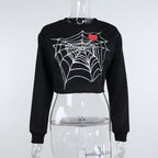Black Cotton Top With Spider Web Heart Print For Edgy Streetwear Lovers