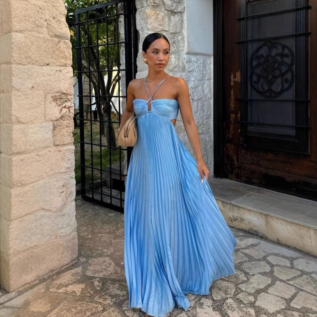 Pleated Sleeveless Sling Dress