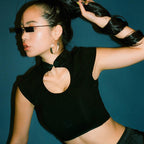 Openwork Button Collar Tee Top Black Cotton Blend