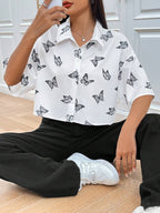 Butterfly Print Loose Shirt for Casual Chic in White and Blue