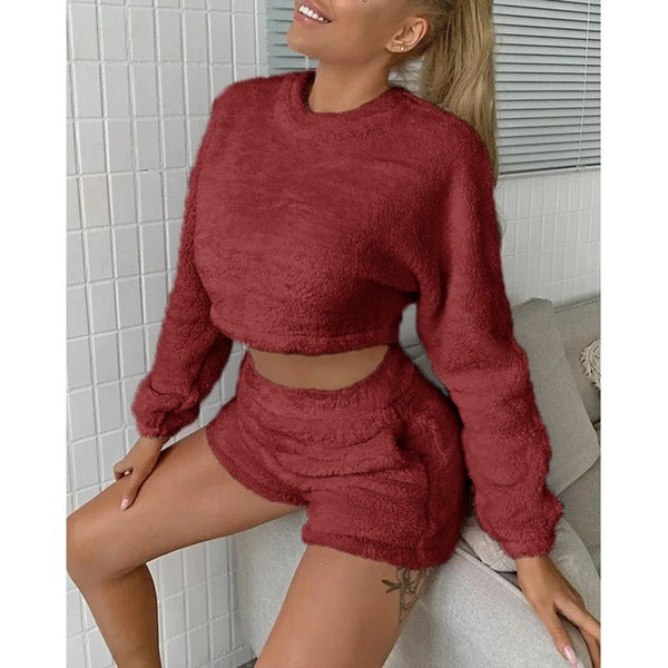 Cozy Plush Women Home Set With Long Sleeve Sweater Top And Shorts