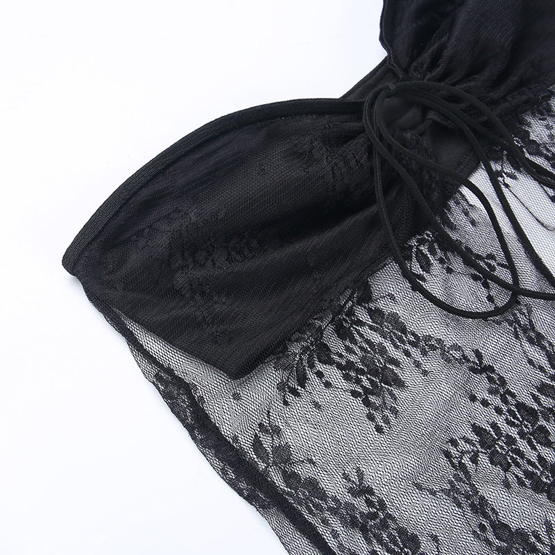 Sheer Knitted Tube Top With Lace And Hollowout Details