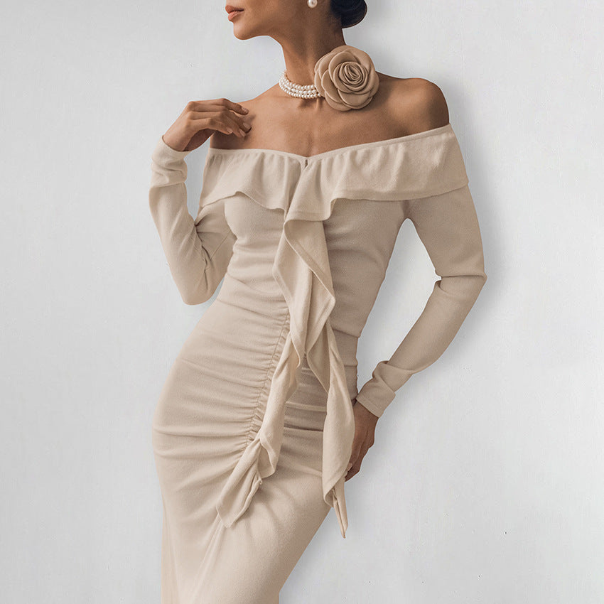 Cozy Khaki Dress With Long Sleeves And Mid Waist Chic