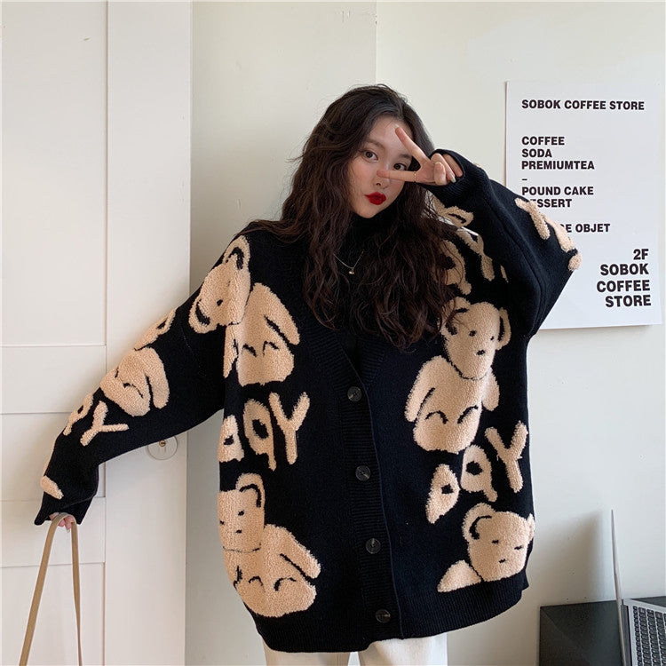 Cozy Winter Bear Print Top For Ladies Loose Fit V-Neck