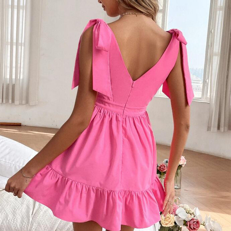 V Neck Solid Color Dress With Lace Up Front High Waist Short Skirt