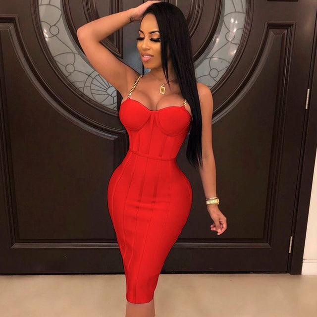 Spaghetti Strap Bandage Dress With High Waist Midi Length