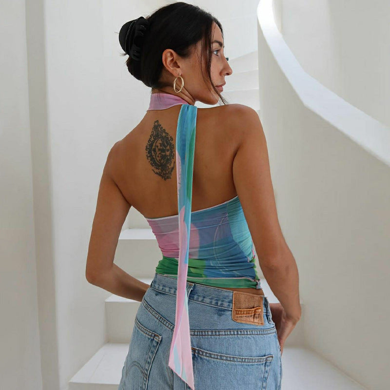 Colorful Halter Backless Top With 3D Printed Pattern