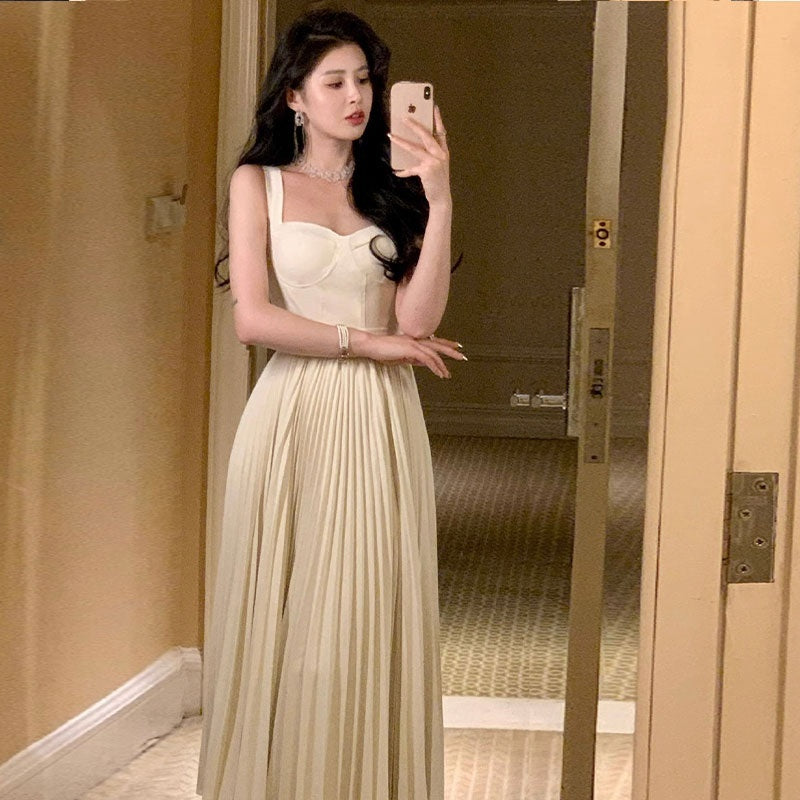 Milky White Pleated Sling Dress for Women Sleeveless Long Skirt