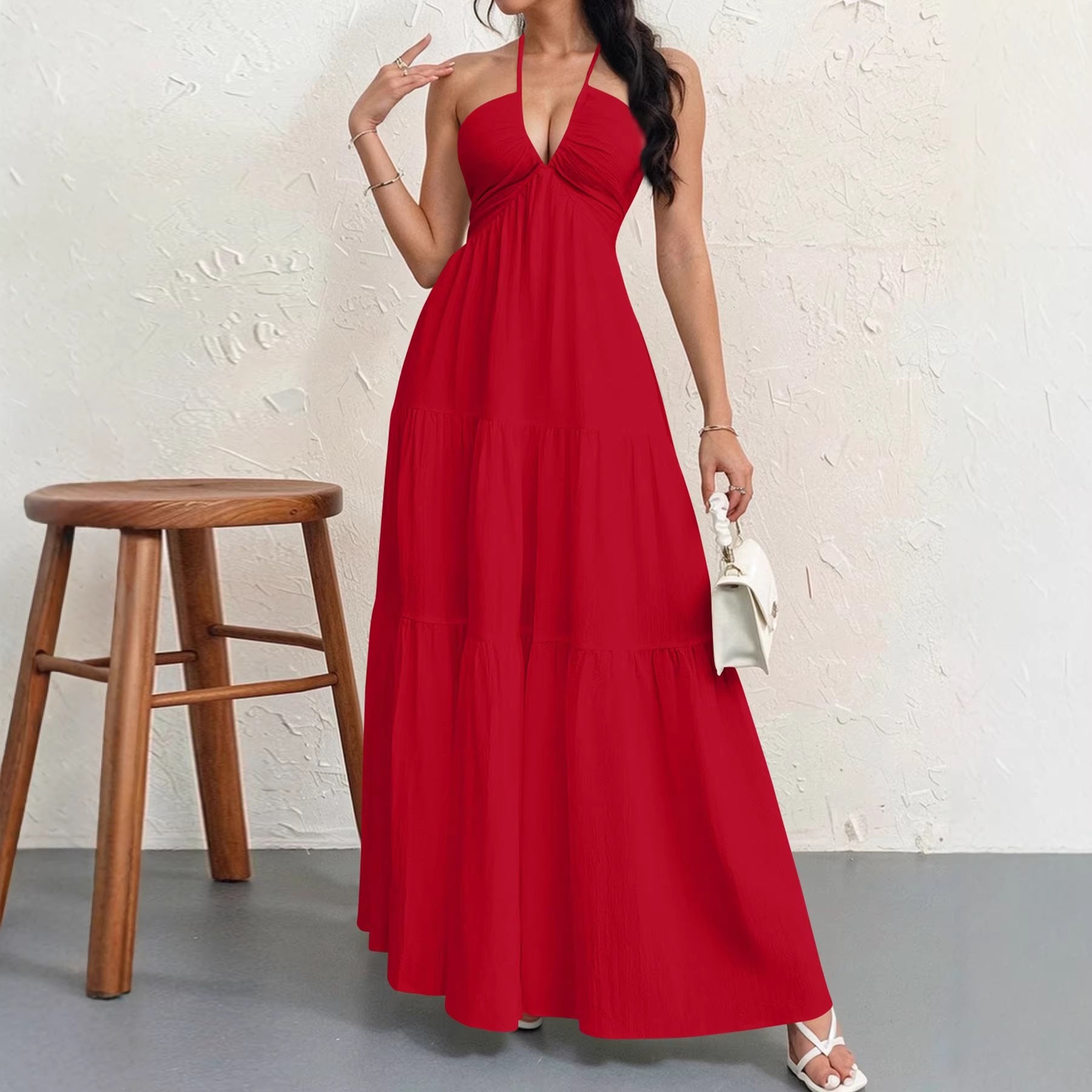 Backless Halter Neck A-Line Maxi Dress With Pleated Skirt For Beach Vacation