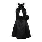 Elegant Black Floral Halter Dress For Women Short Silhouette
