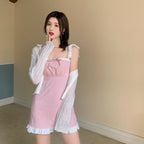 Pink Lace Cardigan Set With Suspender Skirt Two Piece Outfit For A Chic Cozy Vibe