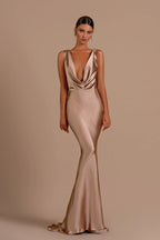 Mermaid Deep V Neck Long Satin Dress