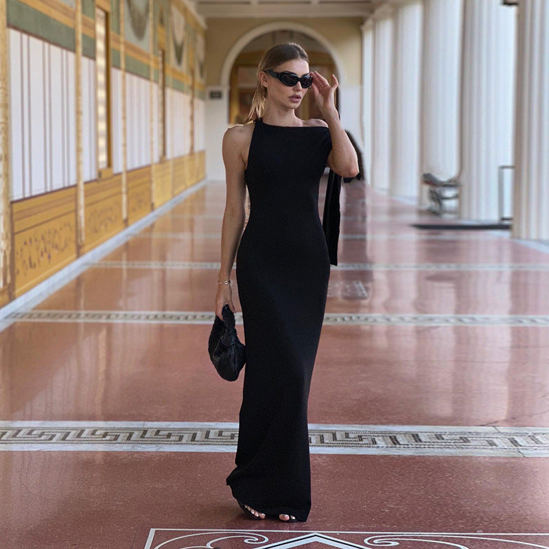 One-Shoulder Ribbon Long Dress Slim Fit Sleeveless Evening Party