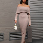 French-Style One-Shoulder Knitted Long-Sleeved Dress
