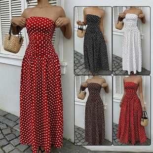 Elegant Polka-dot Off-shoulder High-waist Strapless Dress