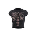 Retro Skeleton Print Top For Women Dark Round Neck Short Sleeve Slim Fit