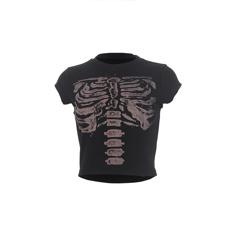 Retro Skeleton Print Top For Women Dark Round Neck Short Sleeve Slim Fit
