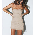 Women's Backless Tube Top Mini Dress with Drawstring Design