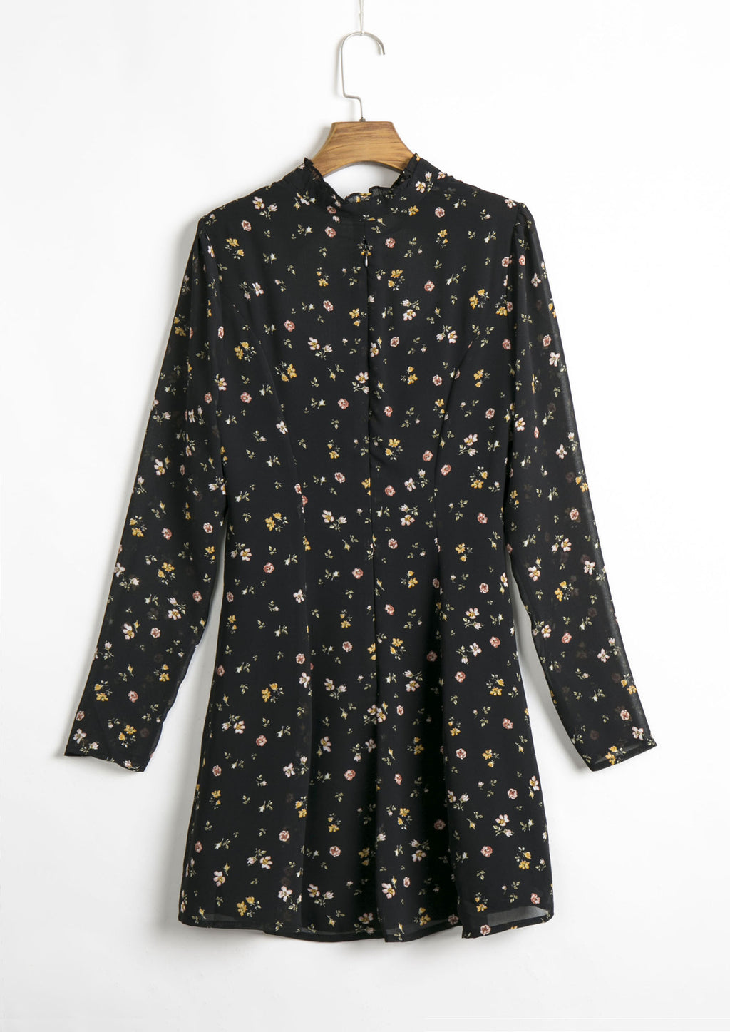 Black Hollow-Out Floral Long-Sleeved Dress
