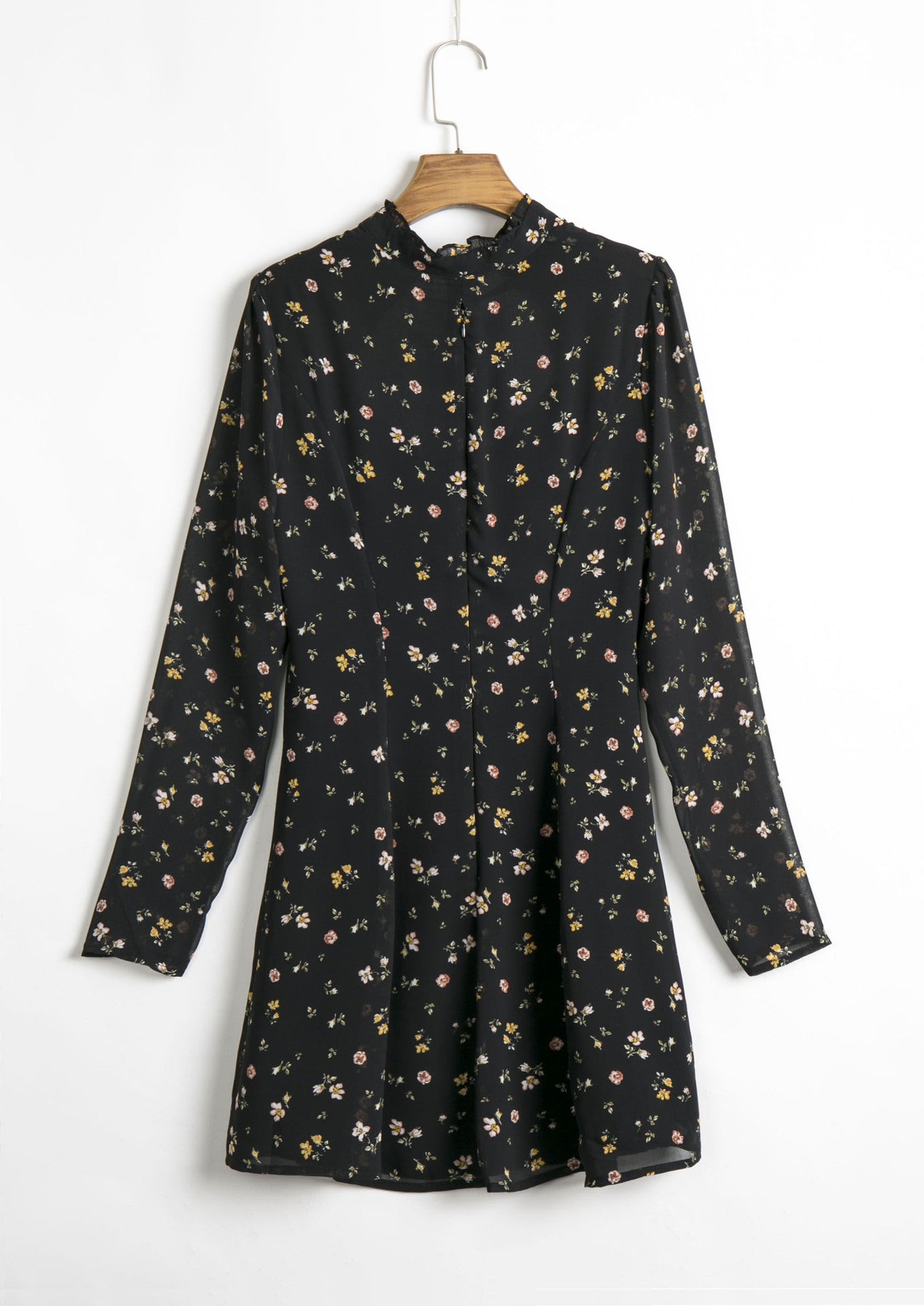 Black Hollow-Out Floral Long-Sleeved Dress