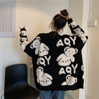 Cozy Winter Bear Print Top For Ladies Loose Fit V-Neck