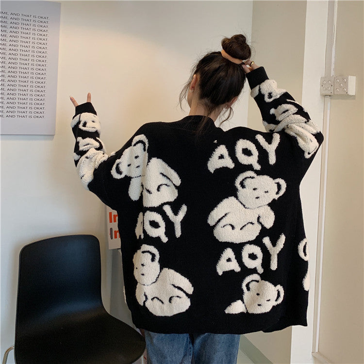 Cozy Winter Bear Print Top For Ladies Loose Fit V-Neck