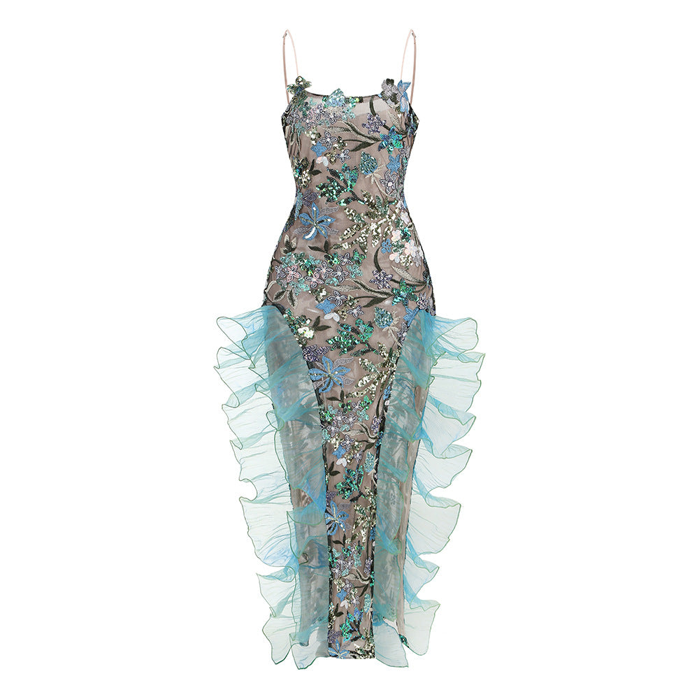 Sky Blue Sequin Dress With High Waist Asymmetric Hem Sleek Sling Style