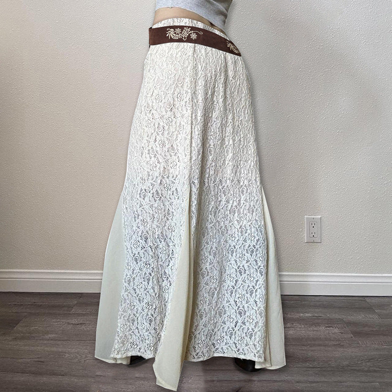 Milky White Slimming Mesh Fishtail Skirt With Lace Detail For Women