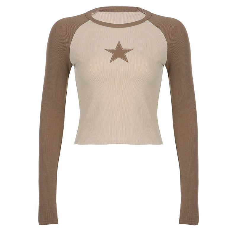 Khaki Stars Patchwork Long Sleeve Top for Women Chic Slim Fit