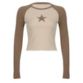 Khaki Stars Patchwork Long Sleeve Top for Women Chic Slim Fit