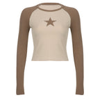 Khaki Stars Patchwork Long Sleeve Top for Women Chic Slim Fit