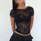 Lace Round Neck Slim Fit Top For Women See Through