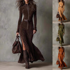 Cowboy Fashion Retro Slim Zipper Elegant Split Long-sleeved Dress