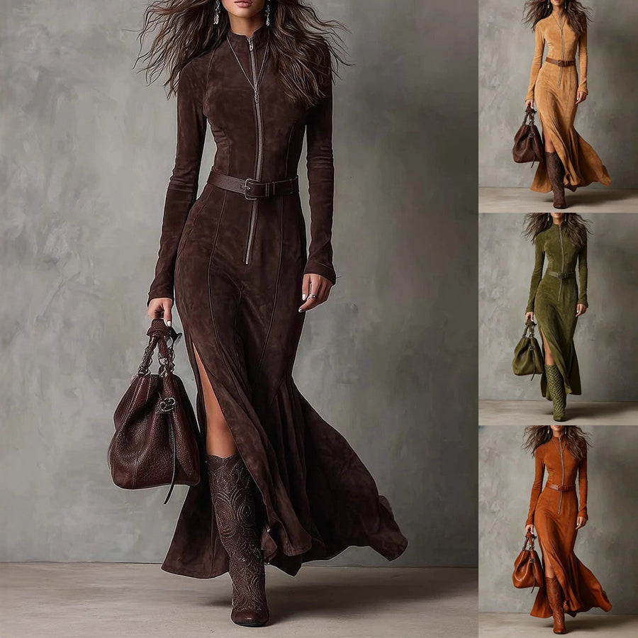 Cowboy Fashion Retro Slim Zipper Elegant Split Long-sleeved Dress