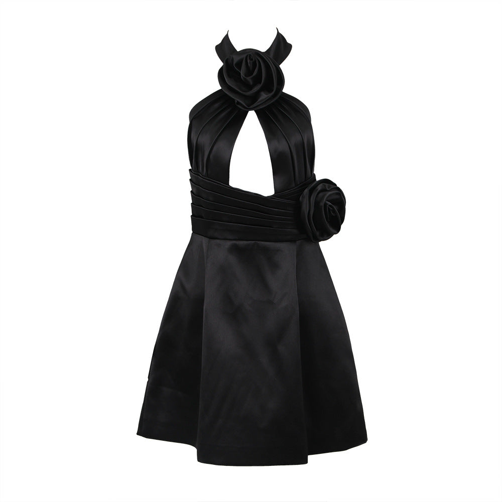 Elegant Black Floral Halter Dress For Women Short Silhouette