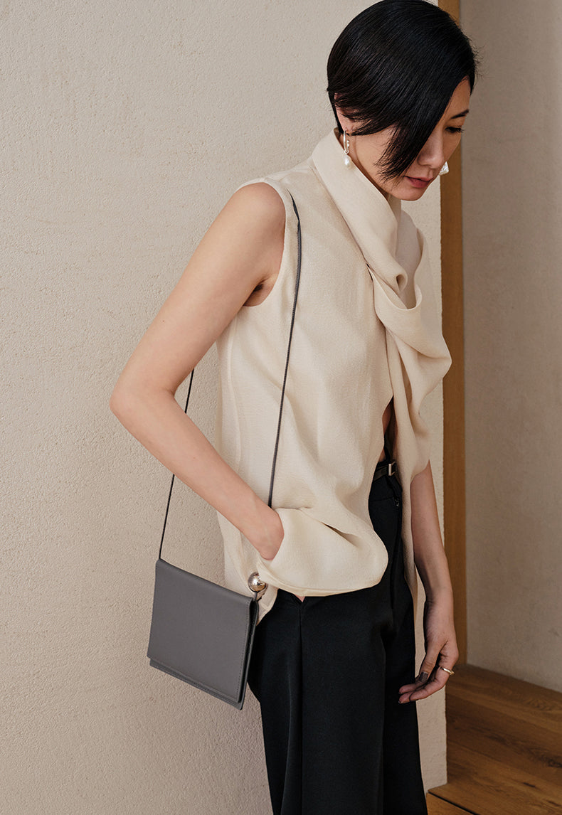 Vintage Asymmetric Collar Top With Front Slit In Silky