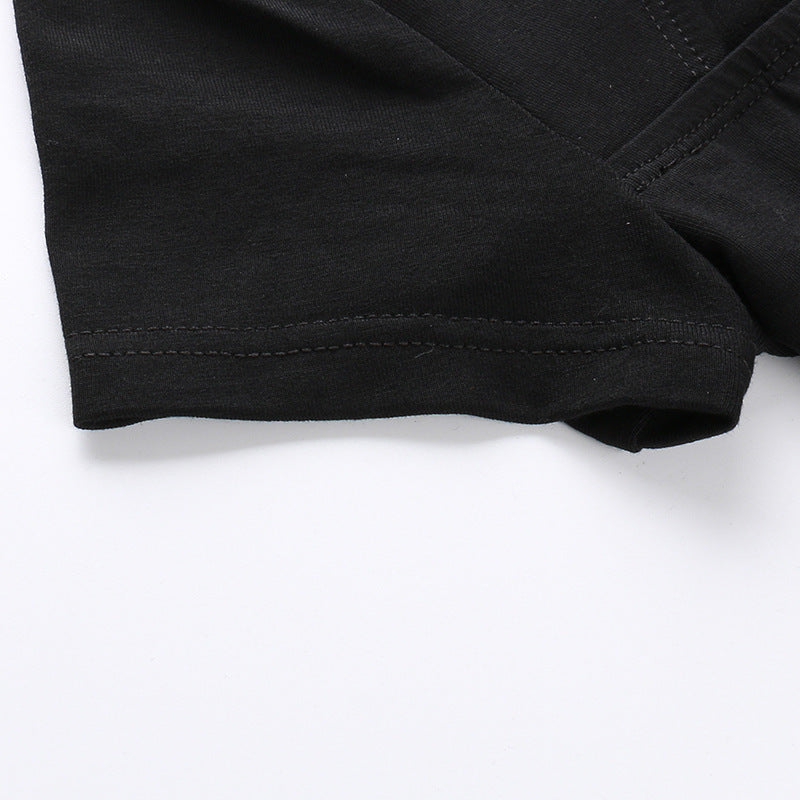 Openwork Button Collar Tee Top Black Cotton Blend