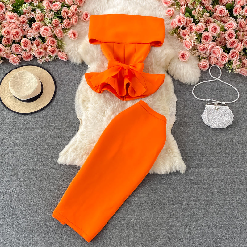 Flirty Two Piece Ruffled Short Top And Skirt Set